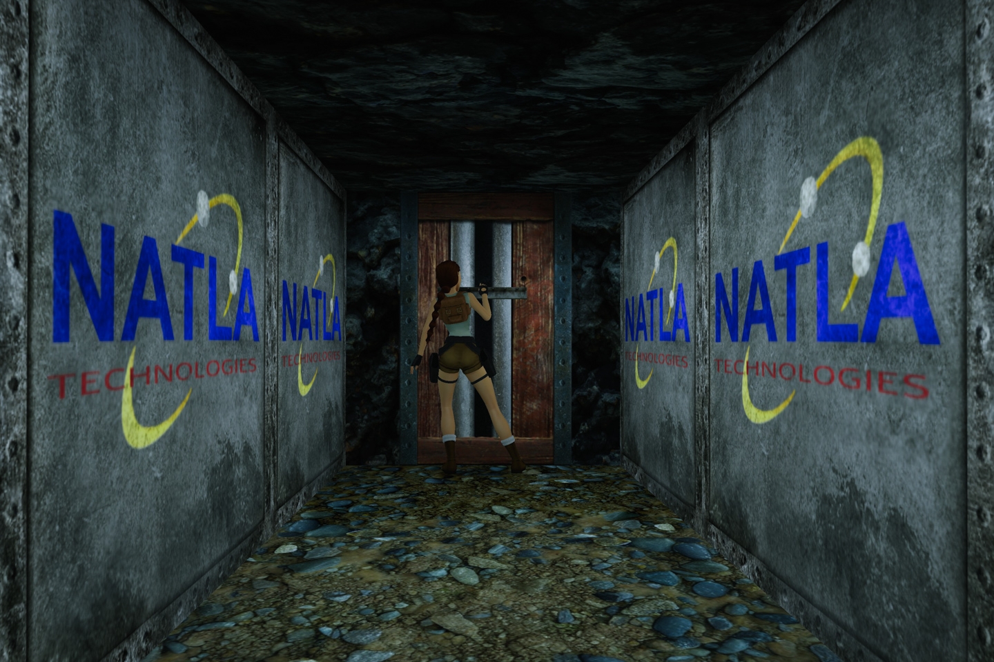Lara in Natla's Mines pulling a lever sourrounded by Natla Technologies crates